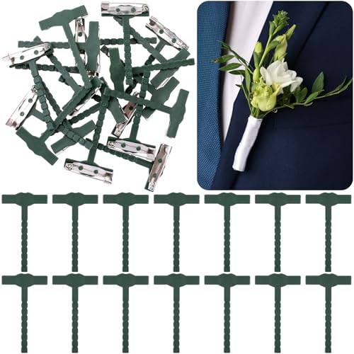 20pcs Boutonniere Safety Pins, T-Shaped Plastic Corsage Pins Safety Clips for Bride Groom, Tiny Boutonniere Brooch Supplies for Wedding Festivals Birthday Parties- Green