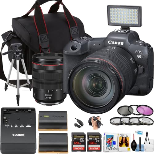 Canon EOS R5 Mirrorless Camera w/24-105mm USM Lens + 2pc Sandisk 128GB Extreme Memory Card + Camera Case + More (18pc Bundle) (Renewed)