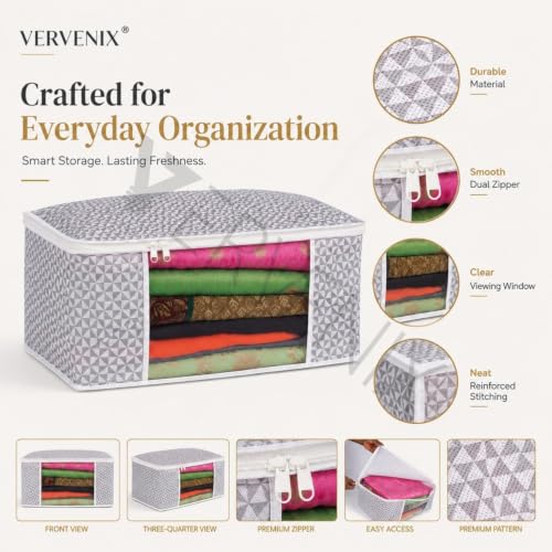 Image of VERVENIX Saree Cover Pack of 12, Grey Dot Pattern Garment Storage Bags with Zipper & Transparent Window, Dustproof Clothes Cover for Suits, Dresses, Coats & Shirts,46.3 x 36 x 22.5 CM