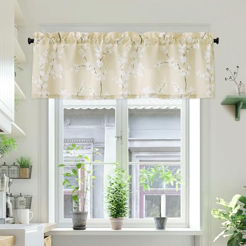 Image of FMFUNCTEX Beige-White Valance Curtains for Windows Print Blossom Sunlight Filtering Window Panels for Cafe Natural Themed Valance Drapes 1 Panel 54 inchW x 15 inch L