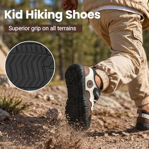 Boys Hiking Shoes Kids Outdoor Sneakers with Protective Rubber Toe Cap and Non-Slip Sole for Camping Trekking Trail Running (Little/Big Boys) 7-8Years Black-Brown - image 3