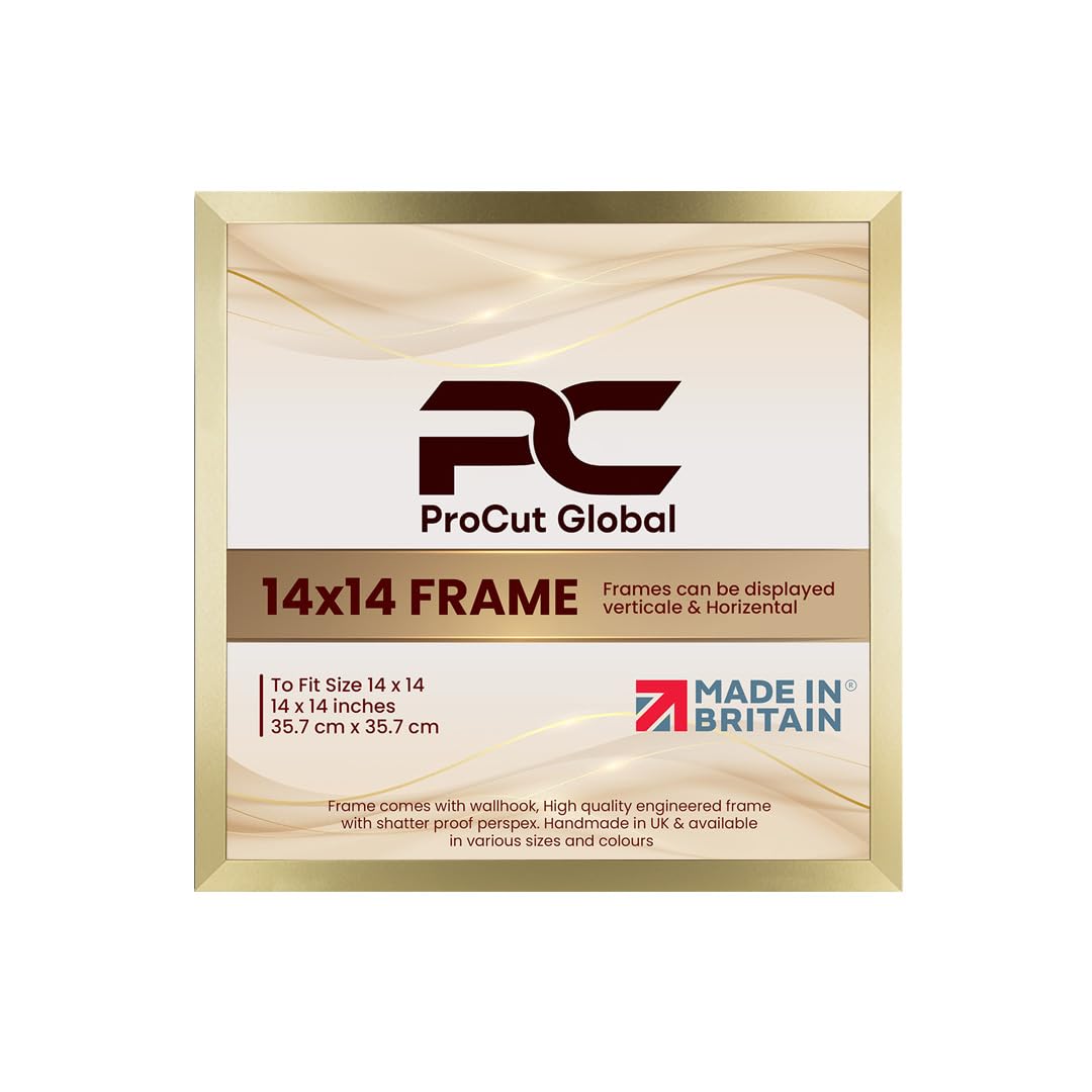 Procut Global 14X14 Gold Picture Frames - Modern Wooden Photo Frame with Shatterproof Perspex for Wall or Tabletop - Perfect for Posters, Certificates, Prints - Sizes & Colors Available