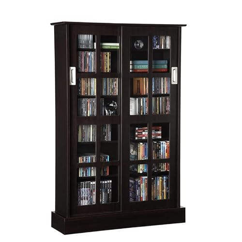 Atlantic Windowpane Media Storage Cabinet With Tempered Glass Pane Styled Sliding Doors, Holds Cd, Dvd Or Blu-Ray Media, Collectables Or Memorabilia, Pn 94835721 In Espresso #TOP2