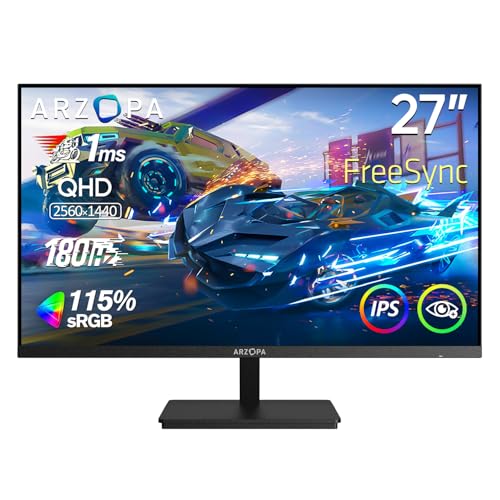 ARZOPA 27" 180HZ Gaming Monitor - 2K QHD 2560x1440 Fast IPS Computer PC Display 115% sRGB Adaptive-Sync 1ms Response, Eye Care, VESA Wall Mountable, 1x Display Port 1.4, 1x HDMI 2.0, TYPE-C