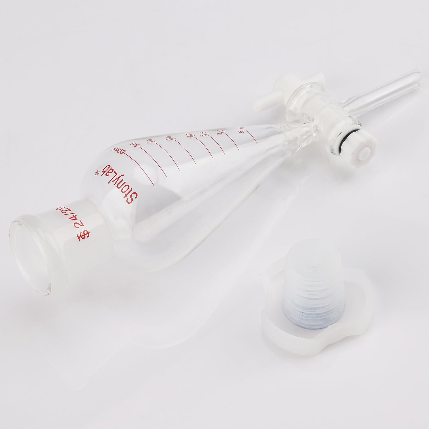 stonylab Entonnoir de Séparation Gradué, Forme de Poire Conique à Paroi Épaisse en Verre Borosilicaté, Robinet en PTFE et Bouchon Supérieur en Plastique, 60 ml