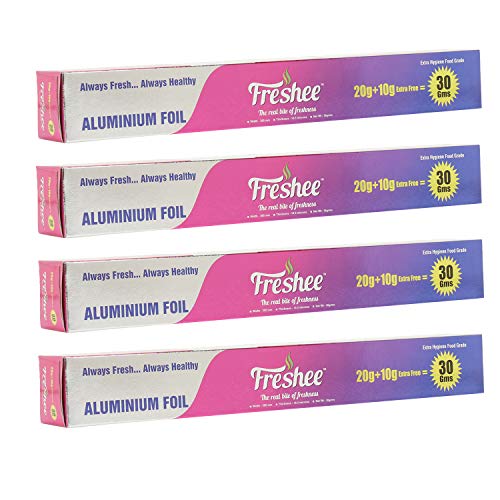 Image of Freshee 30gm Aluminium Silver Kitchen Foil Roll Paper Pack of 4| 11 Micron Thick| Food wrap| Bacteria Resistant| Disposable| Food Parcel| Hookah| Fresh Food| Food Grade Quality