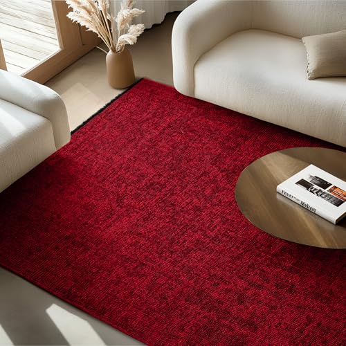 SIMPEX Chenille Teppich Baumwolle Rot 200x290 cm Boho-Stil, Vintage Kelim, Waschbar, Kurzflor, rutschfest & Weich, Einfarbig Meliert, Für Wohnzimmer, Schlafzimmer, Büro & Küche SIMPEX Chenille Teppich Baumwolle Rot 200x290 cm Boho-Stil, Vintage Kelim, Waschbar, Kurzflor, rutschfest & Weich, Einfarbig Meliert, Für Wohnzimmer, Schlafzimmer, Büro & Küche