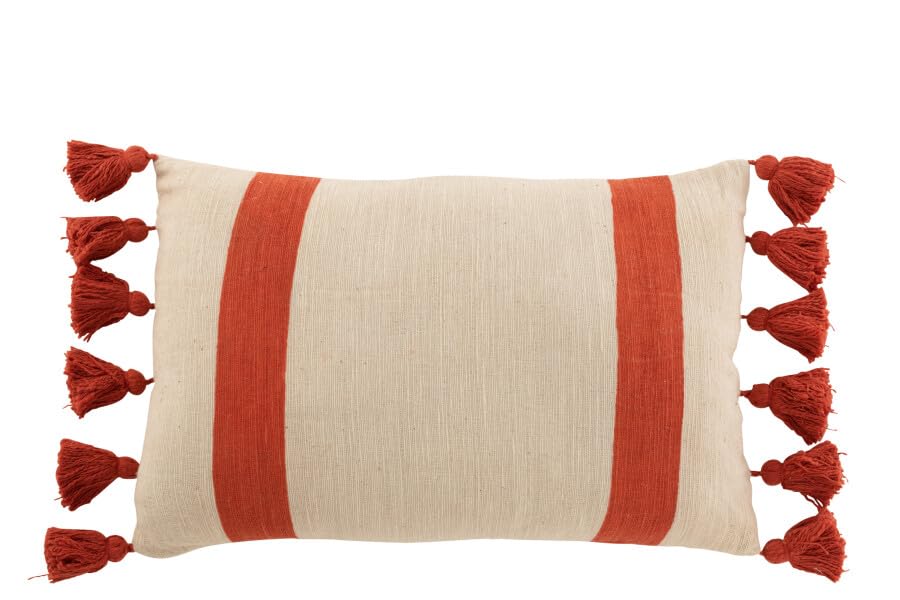 Coussin rectangulaire 60x40 cm coton corail à rayures et pompons pour déco de maison