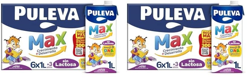 Leche de crecimiento Puleva Max Sin Lactosa a partir de 3 años brik 1L – Caja 6 litros (Paquete de 2)