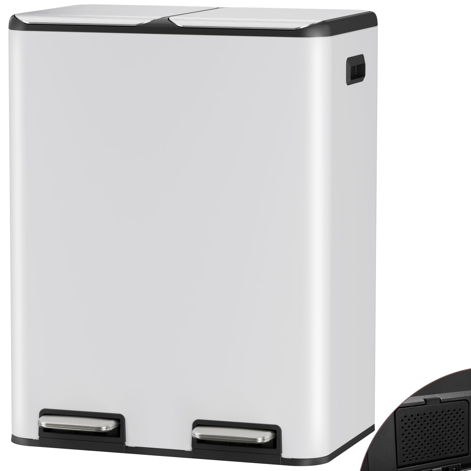 Clevich 60L Double Bin with Odor Control, (2 x 30L) Dual Kitchen Bins, Recycling Waste Bin w/Wide Pedal, Handle, Removable Inner Buckets, Soft-Close Lid, Airtight Design, for Home Office(White)