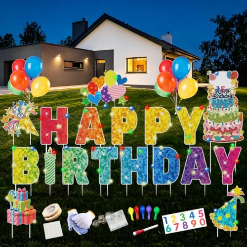 GXGGUS Happy Birthday Yard Signs Outdoor Decorations - 19 PCS Set with 16 Letters 30 Large Cake Sign on H-Shaped Metal Stand 32.8 Ft LED Lights & Stakes for Lawn Garden Party