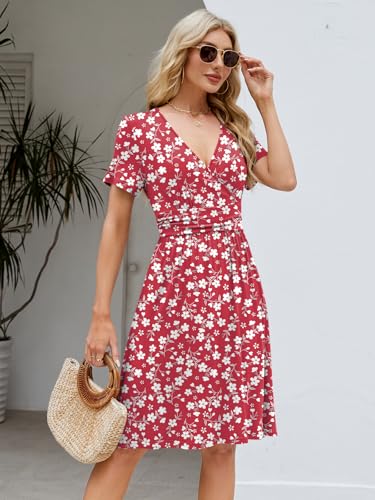 Image of Naggoo Womens Summer Dresses for Women 2026 Spring Floral Sundress Short Sleeve V Neck Wrap Dress with Pockets