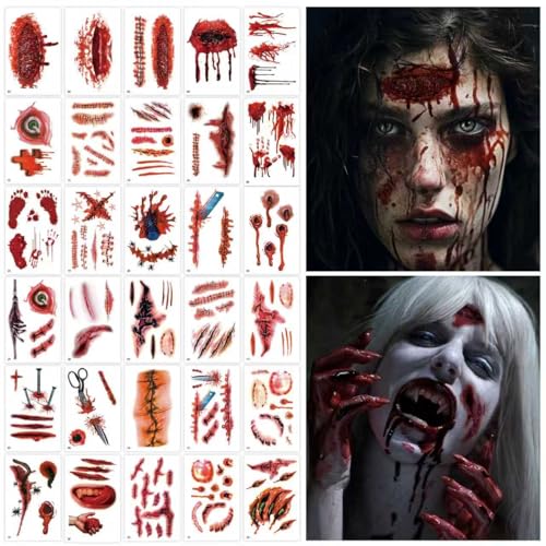 30 Sheets Scar Tattoos Temporary Halloween Makeup Kit Large Size Fake Chucky Scars Stitches Bloody Wound Vampire Zombie Tattoos Realistic Stitch Stickers for Men Women Kids Cosplay Party Prank