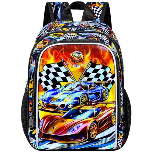 Reflective Safety Toddler Backpack for Boys – Race Car Kindergarten Bookbag with Adjustable Straps, Lightweight Preschool Bag for Little Kids