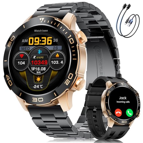 Smartwatch Herren mit Telefonfunktion, 1.43'' AMOLED Touchscreen, Fitnessuhr mit 100+ Sportmodi, Herz-/Schlaftracking, Stress, Calorie, IP68 Wasserdicht, Sportuhr für iOS/Android, Schwarz Amber