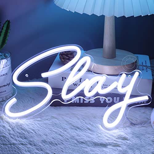 Image of SYLHOME Slay LED Neon Light Sign Cool Boys Girls Preppy Bedroom Game Play Room Wall Decor Sign Club Pub Bar Man Cave Game Birthday Party Decoration USB 11.8 inch X 8 inch Cold white