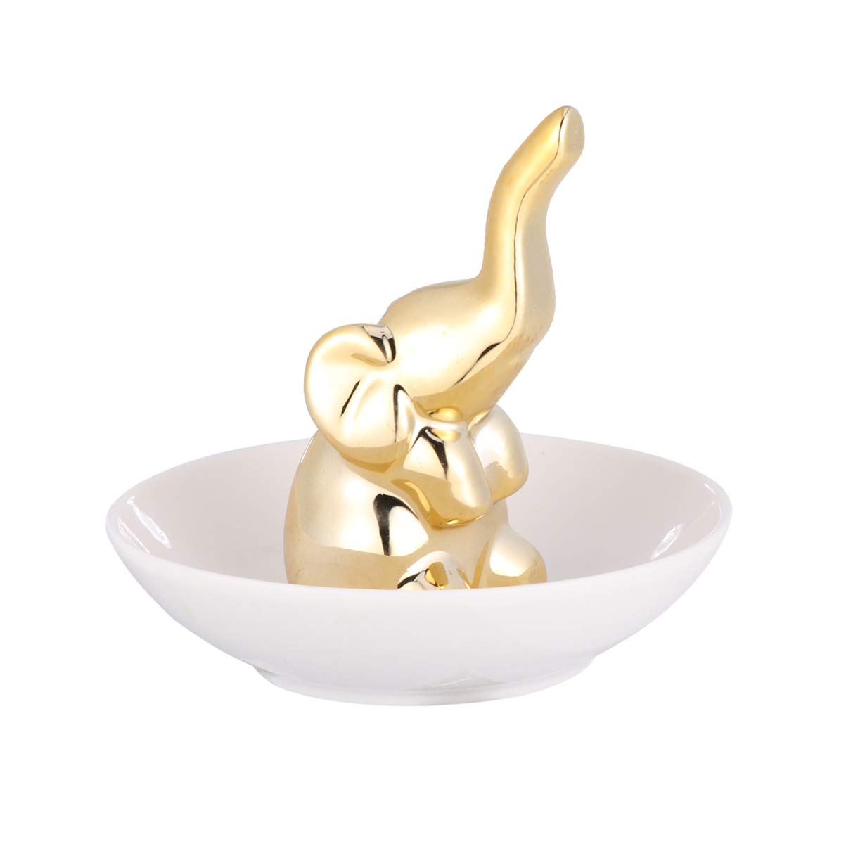 Vosarea Golden Elephant Ring Dish Holder Ceramic Animal Ring Holder Jewelry Plate Trinket Dish Necklace Earrings Rings Display Organizer (Golden)