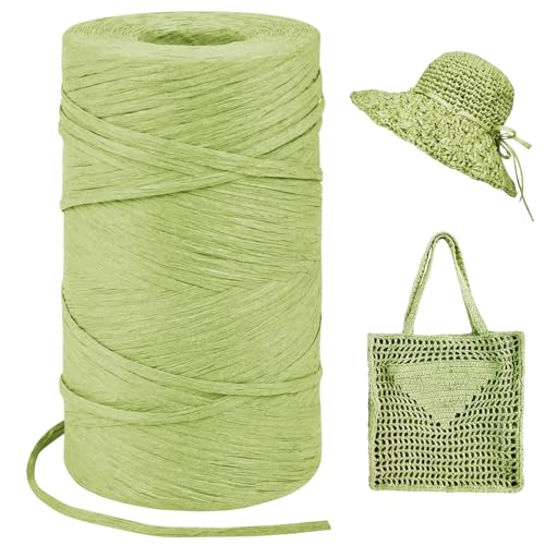 Image of Fruit Green Raffia Yarn for Crochet Bags, 3mm x 328 Yards Flat String Raffia Ribbon for Gift Wrapping, Raffia Paper Ribbon Yarn for Crocheting Sun Hat, Bag, DIY Crafts, Holiday Decoration