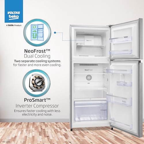 Image of Voltas Beko, A Tata Product 243 L, 2 Star, 6-in-1 Adjustable Frost Free Inverter Double Door Refrigerator (RFF280D / WPXIR0I0000GO, Brushed Silver)