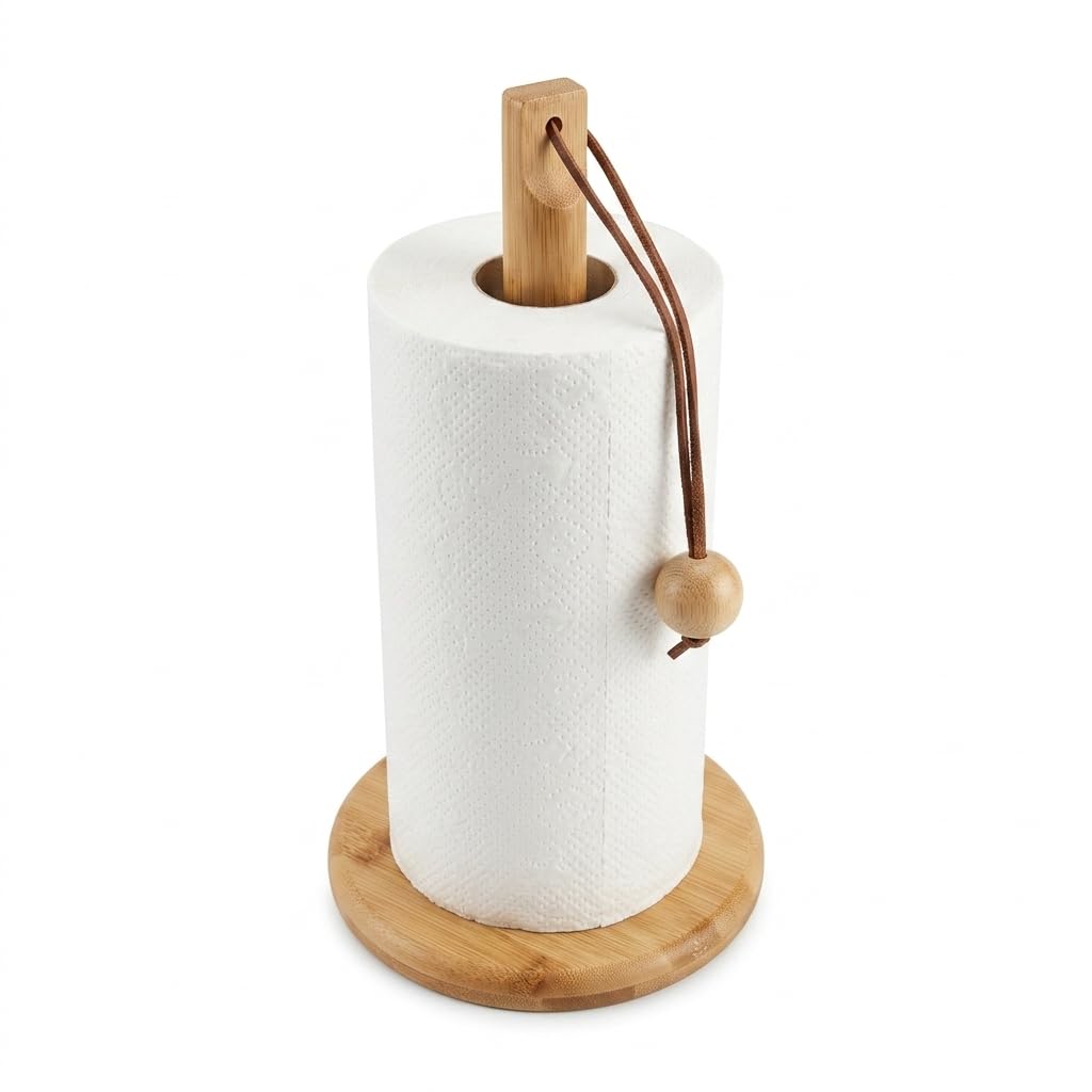 Deconox Doğal Bambu Bohem Top Tutacaklı Kağıt Havluluk - Dekoratif Ahşap Stand (30x14 cm, Kahve ve Bambu Renk Seçenekli, 1 Adet) (DOĞAL)