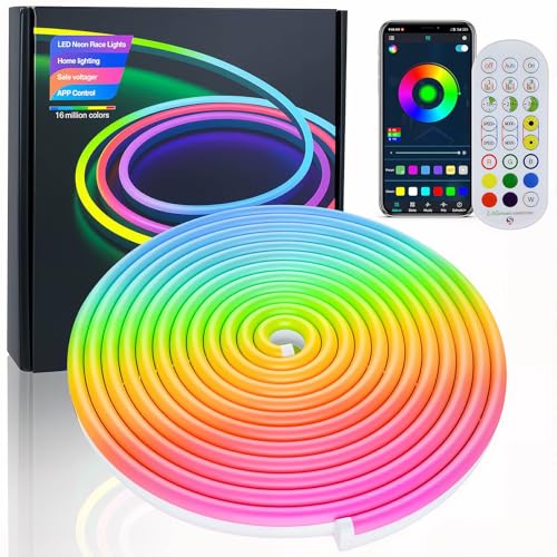 Neon Striscia LED 5 Metri, Silicone Neon Luci LED Flessibile Funziona con APP, Telecomando, IP67 impermeabile, Sincronizzazione Musicale, Decorazione Esterna/Interna del partito