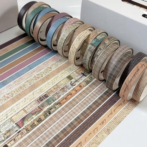Image of HASTHIP 20Rolls Vintage Washi Tape Set, 0.7cm x 3m Narrow Washi Tape DIY Scrapbooking Decoration, Retro Decorative Antique Patterns Masking Tapes for Arts, DIY Crafts, Journals, Planners, Scrapbook
