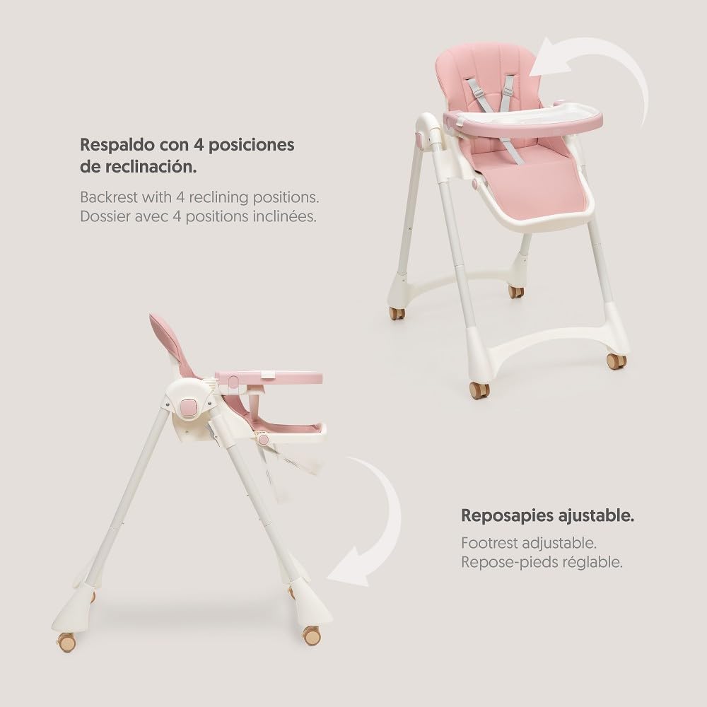 Interbaby Trona Bebé Evolutiva Plegable 6-36 Meses Aluminio (Practic Rosa) | Hasta 20 kg. Silla de comer portátil, respaldo 4 posiciones, 8 alturas, bandeja regulable, arnés 5 puntos, plegado compacto