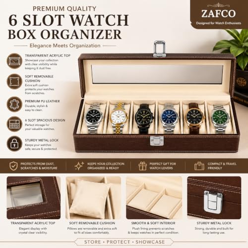 Image of ZAFCO 6 Slot Watch Box Organizer for Men & Women, Premium PU Leather Watch Display Case, Lockable, Portable Watch Storage Box for Watches, Jewelry & Gifts 1 Unit(Brown)