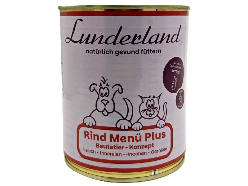Lunderland Rind Menü Plus 2 x 800g Dose (insg. 1,6kg) I Hundefutter I mit Rindfleisch, Süßkartoffel, Fleischknochen,Pansen, Leber, Niere, Rinderblut, Seealgenmehl I Nassfutter I Dosenfutter