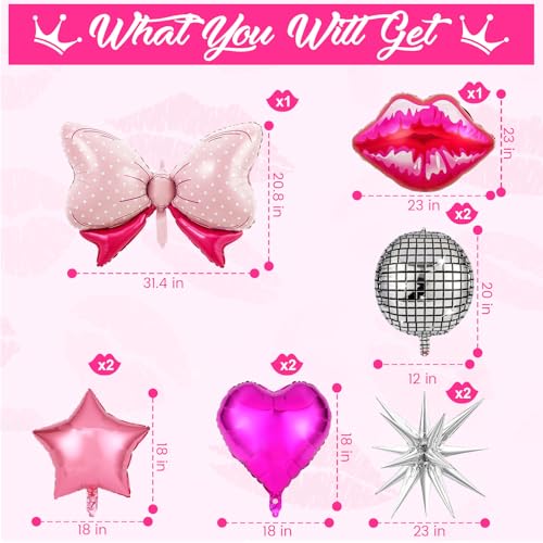 Image of 11 Pcs Hot Pink Princess Foil Balloons, Disco Ball Balloon, Girl Head Balloons, Pink and Silver Balloon for Box Photo Booth Backdrop, Birthday, Baby Shower, Bachelorette Theme Party Decorations