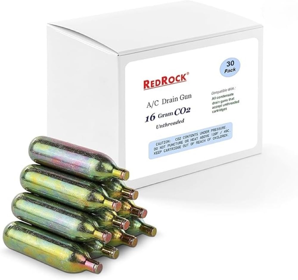 RedRock 16 Gram Unthreaded CO2 Cartridges for Gallo Drain Gun HVAC Drain Line Cleaner Tool (30 Pack)