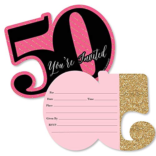 Big Dot of Happiness Chic 50th Birthday - Pink, Black and Gold - Shaped Fill-In Invitations - Birthday Party Invitation Cards with Envelopes - Set of 12