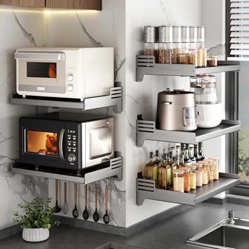 100Fentro Rangement Support Micro Onde, Étagère Micro Onde Inox Mural Cuisine Rangement, Gris avec 6 Crochets de Suspension (Petit)