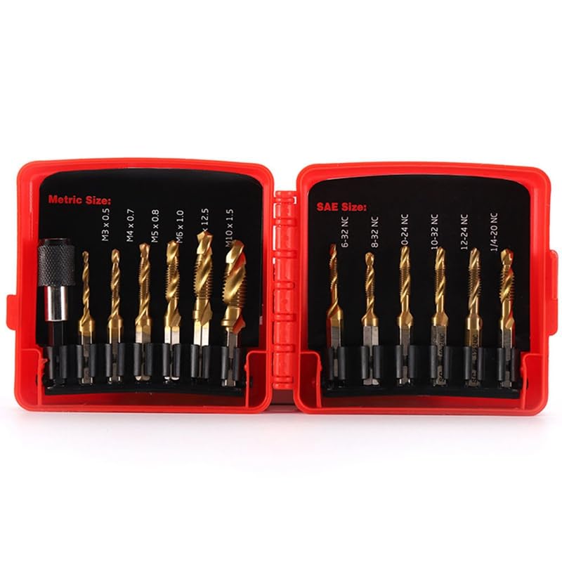 Titanium Combination Drill Tap Bit Set 13PCS SAE and Metric Tap Bits Kit for Screw Thread Drilling Tapping Deburring - (Color Name: Gold)