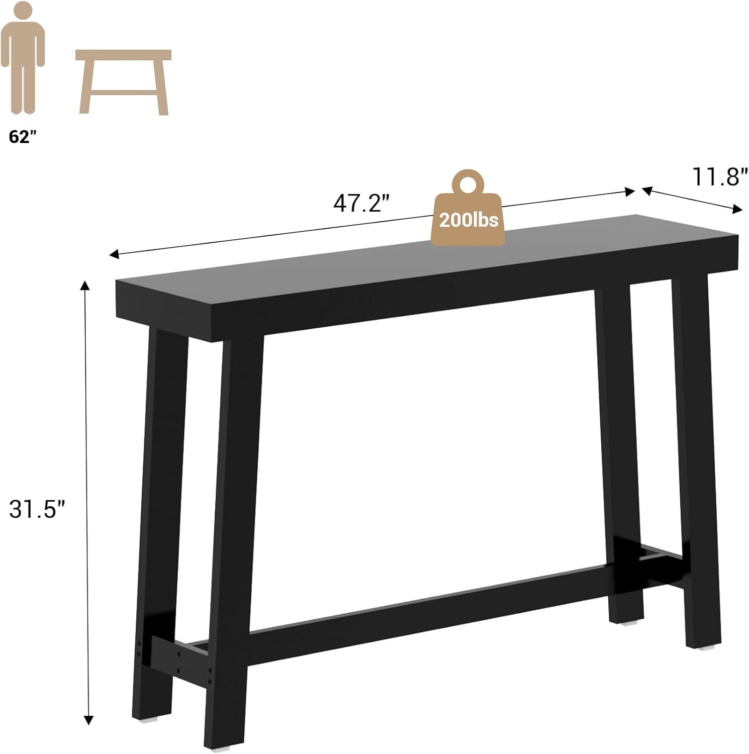 Bamboo Wood Entryway Table 47.2 Console Table, Narrow Sofa Table with Support Beam for Entrance, Hallway, Living Room, Bedroom, Foyer(Black)