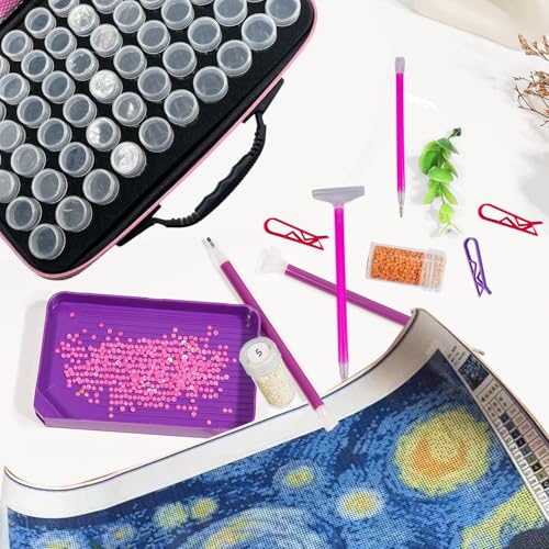 Image of 60 Slot Diamond Art Storage Box | Pink Bead Organizer Case with Drill Tools, Portable Craft Box, For 5D DIY Art Kits