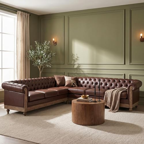 Image of Merax PU Chesterfield Sofa, Retro Upholstered 6 Seater Leather Rolled Arm Couch for Living Room Bedroom, Dark Brown