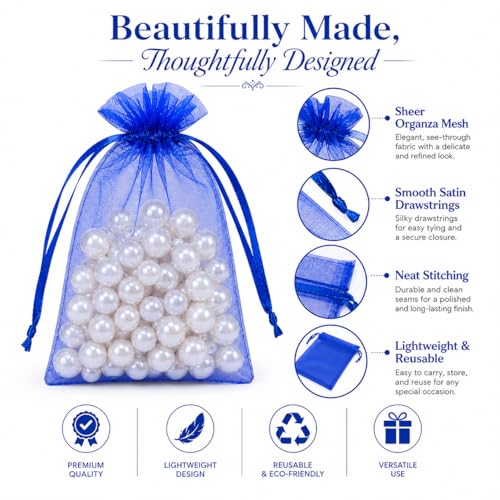 Image of Hopttreely 50 Pcs Royal Blue Organza Bags 4x6 Inch, Premium Mesh Drawstring Gift Pouches for Wedding Christmas Jewelry & Party Favors