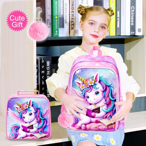 Image of AGSDON 3PCS Read Unicorn Backpack for Girls, 16 inch Kids Backpacks for Girl Water Resistant Preschool, Elementary Bookbag with Lunch Box