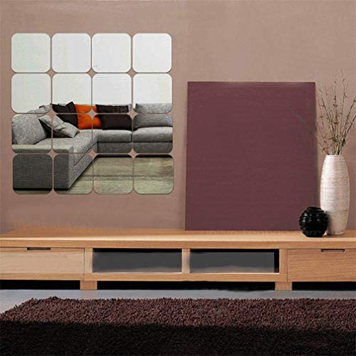 Xemz Mirror Wall Stickers, 12Pcs Removable 3D Acrylic Mirror Plastic Wall Sheet Tiles DIY Self Adhesive Mirror Art Decal, Home Wall Decorative for Living Room Sofa TV Background Bedroom (Square 15cm)