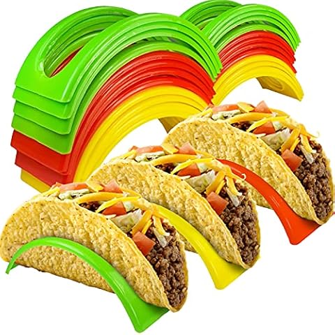 KSEV Taco Holder Stand - 24 Packs (Non-Toxic, BPA Free - Dishwasher & Microwave Safe) Hard Plastic Taco Shell Rack, Party Serving Tray Set for Tortillas Burritos (Green/Red/Yellow) Cover