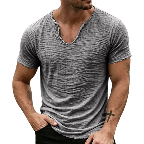 T-shirt en lin manches courtes homme CHUNOTU décontracté et léger col V