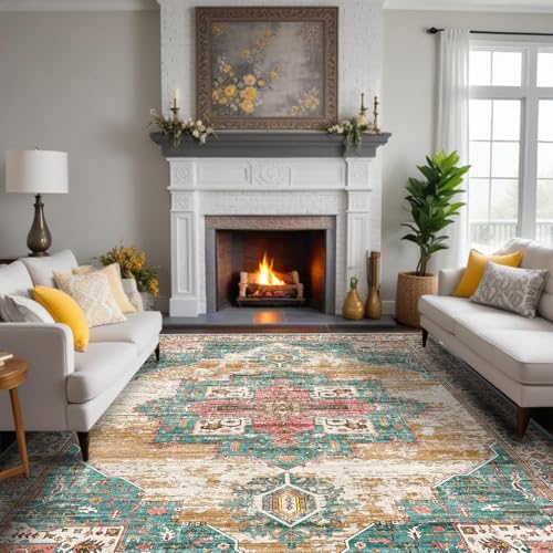 RUUGME Washable 9x12 Area Rugs - Large Rugs for Living Room Stain Resistant Carpet Vintage Rugs for Bedroom with Non Slip Backing Home Decor Floor Decoration Mat (9x12 Green)