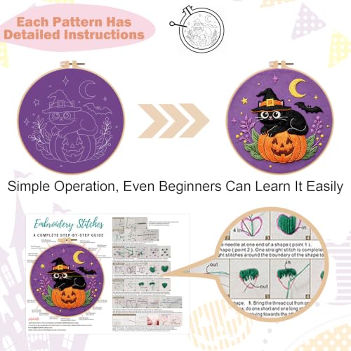Image of Nuberlic Halloween Embroidery Kit for Beginners, 3 Pcs Easy Embroidery Kits for Adults Starter Cross Stitch Kit DIY Art Crafts Gifts for Women Men Friends, Home Decor