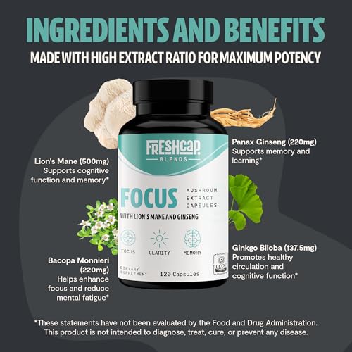 FreshCap 4-in-1 Focus Supplement - Brain Supplements for Memory and Focus - Memory Supplement for Brain, Brain Booster Supplement, Lions Mane Extract, Ayurveda Ginseng (120 Capsules) - Thumbnail 2