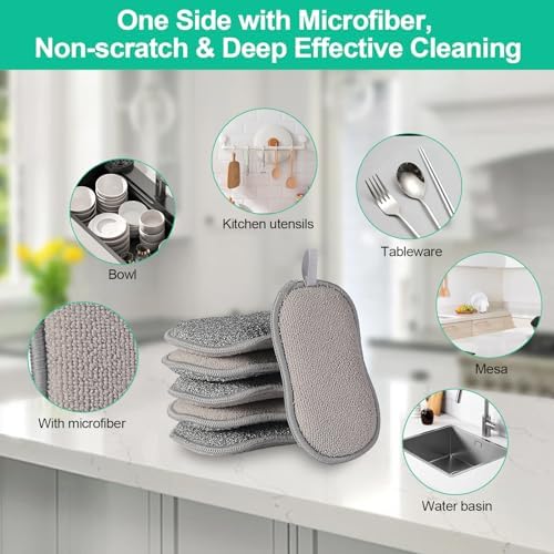 Upgrated Dual-Sided Sponges Kitchen, 6 Pack Microfiber Non Scratch Dish Scrub Sponge, All Purpose Dish Washing Scrubber for Cleaning Dishes, Kitchen, Pots, Pans, Sink & Household