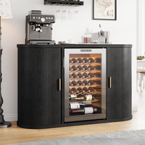 Coffee Bar Cabinet with Mini Fridge Space, 53" Fluted Bar Cabinet with Sliding Doors, Wine Cabinet with Glass Holder & Charging Station, Bar Cabinet for Kitchen, Dining Room & Living Room, Black
