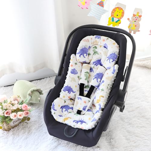 Image of Infant Car Seat Insert with 3 Strap Covers, Soft Car Seat Head Support for Baby Girls, Plush Fabric Newborn Insert for carseat, Strollers, Swings, Bouncer, Dinosaur
