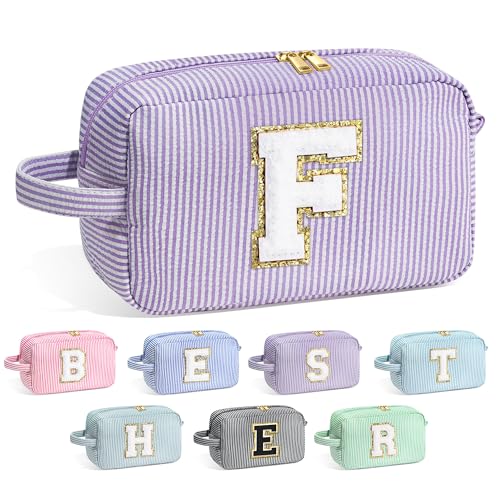 Image of YOOLIFE Gifts for Women Teen Girls Kids - Initial Makeup Bag Cosmetic Case Toiletry Pouch, Birthday Gifts for Women Friends Sister Teacher, Purple F