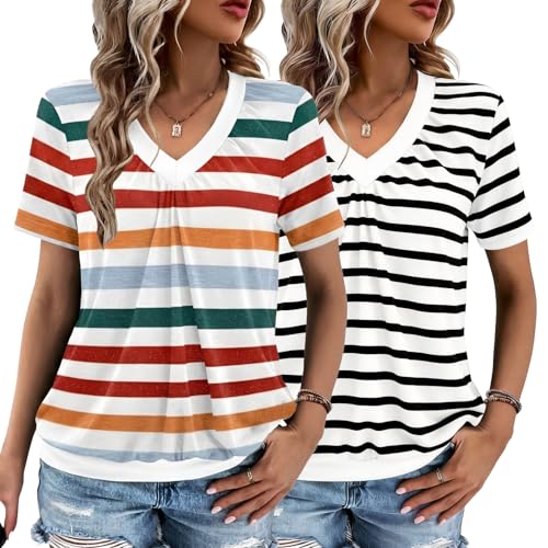 Cute Summer Tops 2 Pack V Neck Short Sleeve Ruched 17 cute summer tops 2 pack - orange stripes and black white stripes